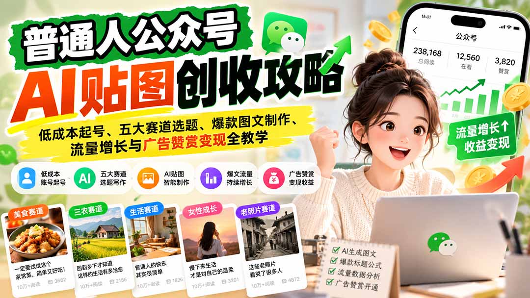 (20972期)普通人公众号AI贴图创收攻略:低成本起号、五大赛道选题、爆款图文制作、流量增长与广告赞赏变现全教学-网创项目资源站-副业项目_创业项目_搞钱项目_网创项目资源平台