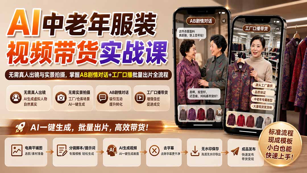 (20198期)AI中老年服装视频带货实战课:无需真人出镜与实景拍摄,掌握AB剧情对话+工厂口播批量出片全流程网创吧-网创项目资源站-副业项目-创业项目-搞钱项目网创吧