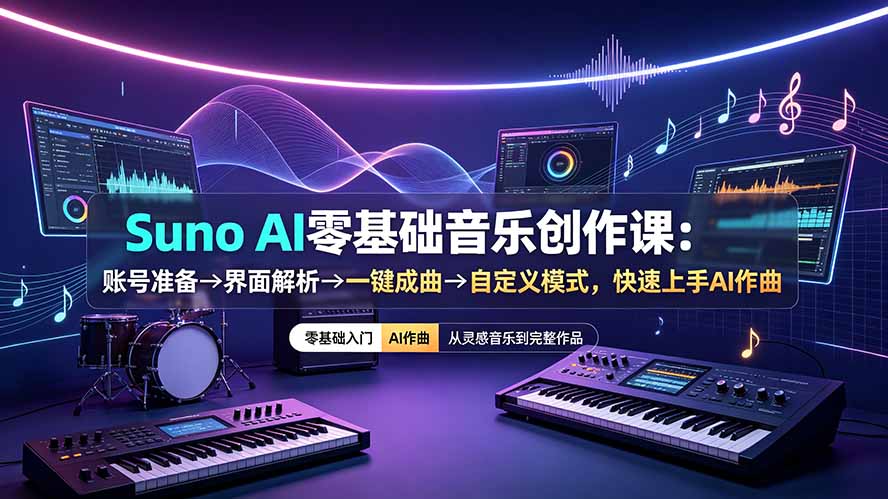 (19264期)Suno AI零基础音乐创作课:账号准备→界面解析→一键成曲→自定义模式,快速上手AI作曲
