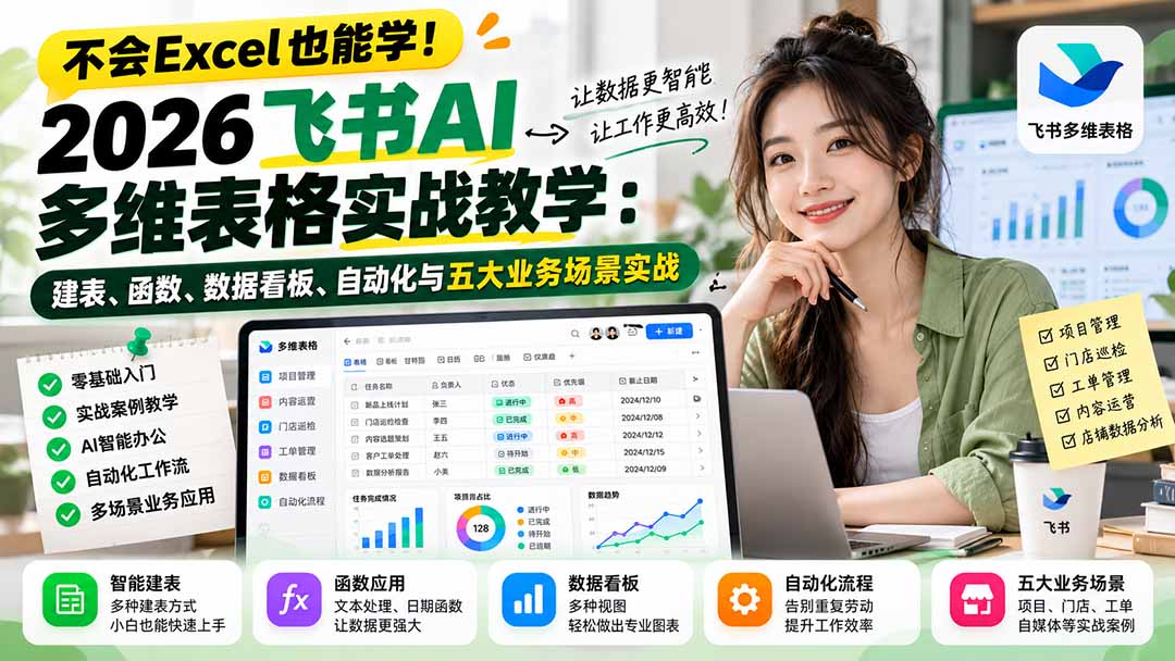 (21153期)不会Excel也能学!2026飞书AI多维表格实战教学:建表、函数、数据看板、自动化与五大业务场景实战-网创项目资源站-副业项目_创业项目_搞钱项目_网创项目资源平台