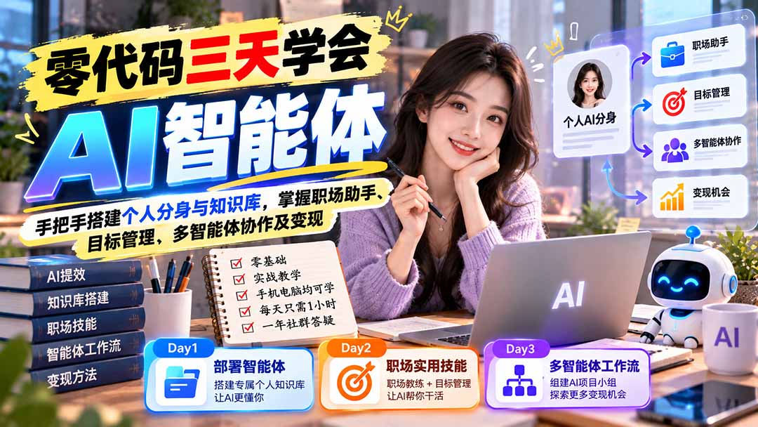 (20978期)【无水印】零代码三天学会AI智能体:手把手搭建个人分身与知识库,掌握职场助手、目标管理、多智能体协作及变现-网创项目资源站-副业项目_创业项目_搞钱项目_网创项目资源平台