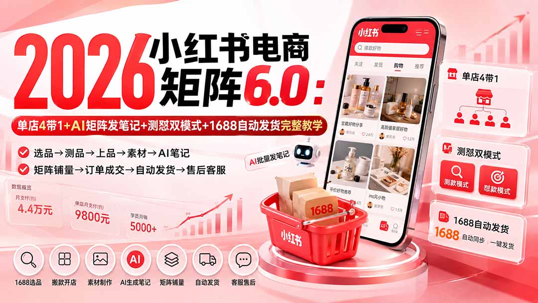 (20210期)2026小红书电商矩阵6.0:单店4带1+AI矩阵发笔记+测怼双模式+1688自动发货完整教学
