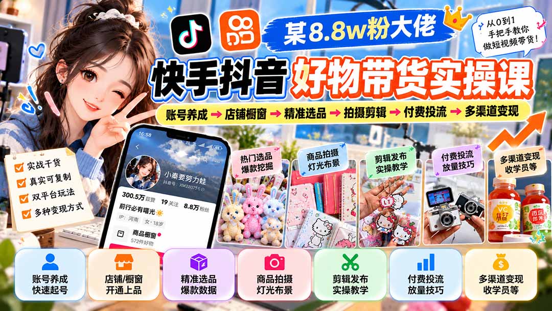 （20733期）某8.8w粉大佬快手抖音好物带货实操课：账号养成→店铺橱窗→精准选品→拍摄剪辑→付费投流→多渠道变现网创库-网创项目资源站-副业项目-创业项目-搞钱项目网创吧