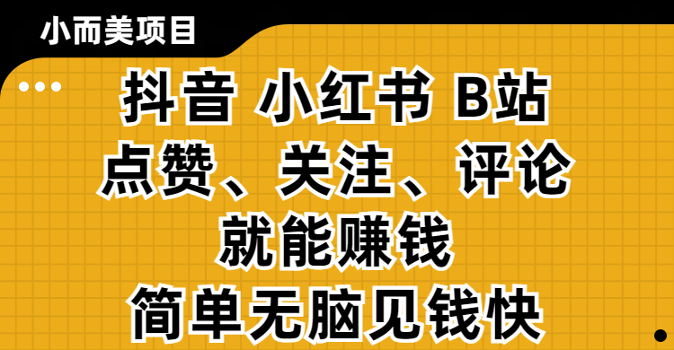 小而美的项目，抖音、小红书、B站视频点赞、关注、评论就能赚钱，简单无脑立见收益!妥妥的零撸项目网创库-网创项目资源站-副业项目-创业项目-搞钱项目网创吧
