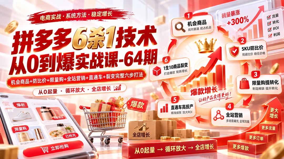 (20316期)拼多多6杀1技术从0到爆实战课-64期:机会商品+防比价+限量购+全站营销+直通车+裂变完整六步打法