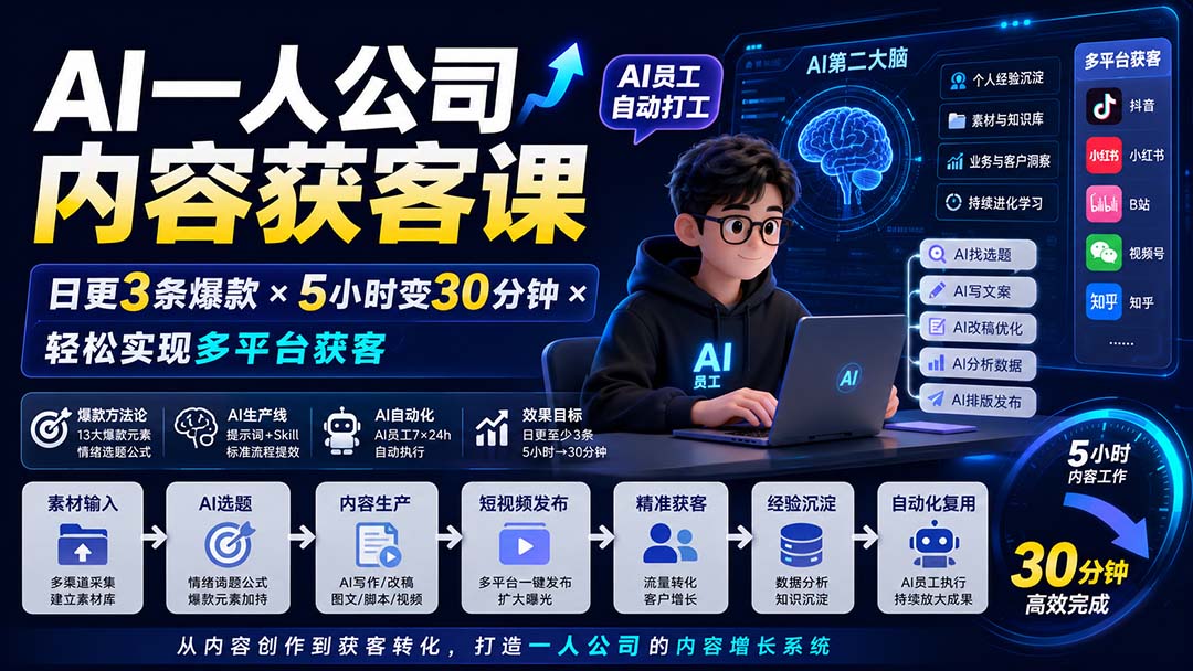 (20111期)AI一人公司内容获客课-更新8月:日更3条爆款×5小时变30分钟×AI员工自动打工,轻松实现多平台获客网创吧-网创项目资源站-副业项目-创业项目-搞钱项目网创吧