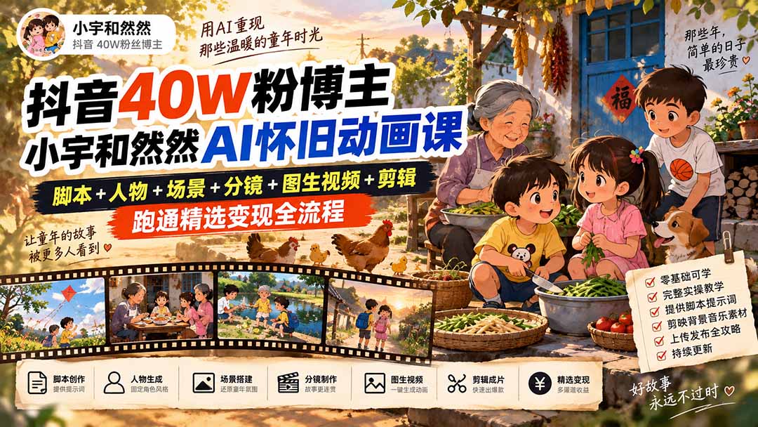 （20549期）抖音40W粉博主小宇和然然AI怀旧动画课｜脚本+人物+场景+分镜+图生视频+剪辑，跑通精选变现全流程网创吧-网创项目资源站-副业项目-创业项目-搞钱项目网创吧