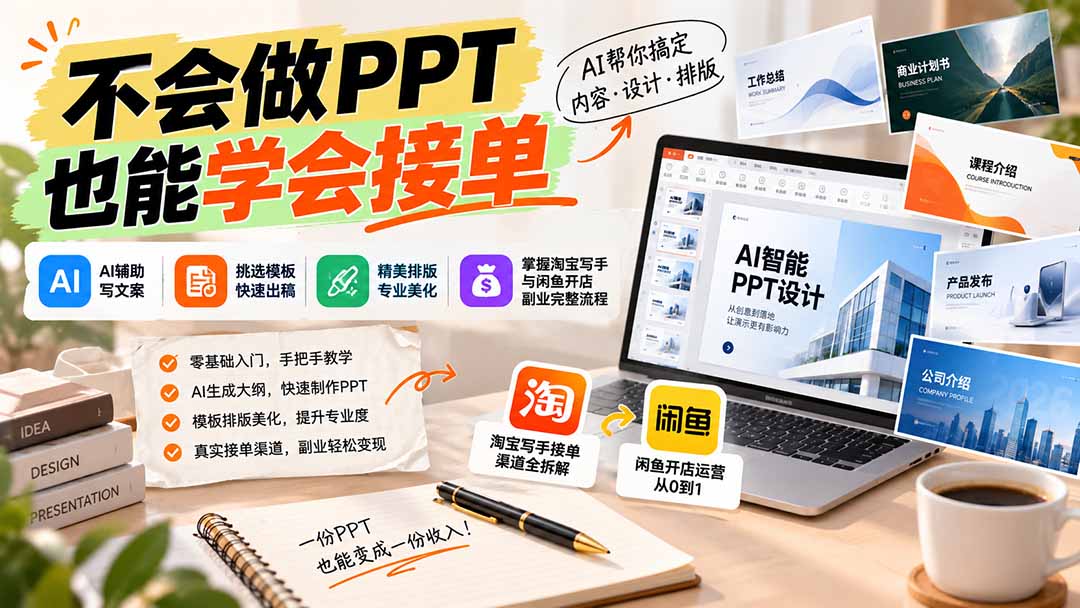 （20945期）不会做PPT也能学会接单：AI辅助写文案、挑模板、做排版，掌握淘宝写手与闲鱼开店副业完整流程-网创项目资源站-副业项目_创业项目_搞钱项目_网创项目资源平台