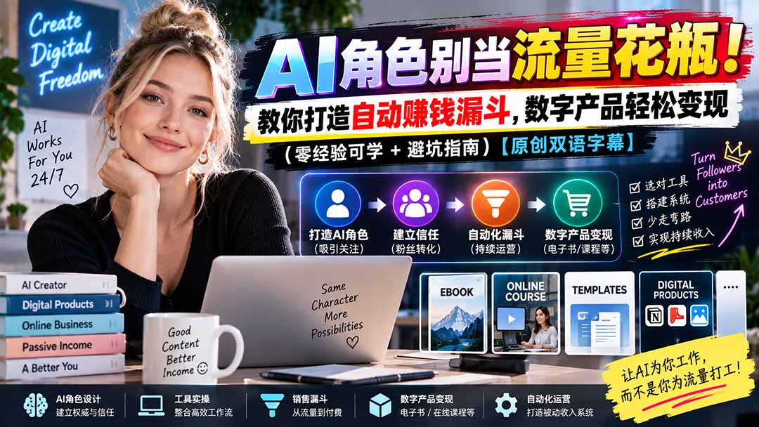 （20475期）AI角色别当流量花瓶！教你打造自动赚钱漏斗，数字产品轻松变现（零经验可学+避坑指南）【原创双语字幕】网创吧-网创项目资源站-副业项目-创业项目-搞钱项目网创吧