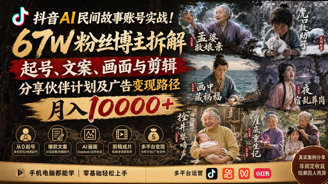 (19938期)抖音AI民间故事账号实战!67W粉丝博主拆解起号、文案、画面与剪辑,分享伙伴计划及广告变现路径,月入10000+网创吧-网创项目资源站-副业项目-创业项目-搞钱项目网创吧