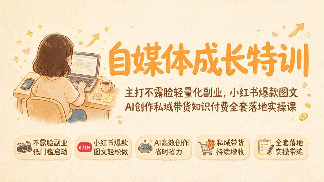 (19584期)自媒体成长特训|主打不露脸轻量化副业,小红书爆款图文AI创作私域带货知识付费全套落地实操课网创吧-网创项目资源站-副业项目-创业项目-搞钱项目网创吧