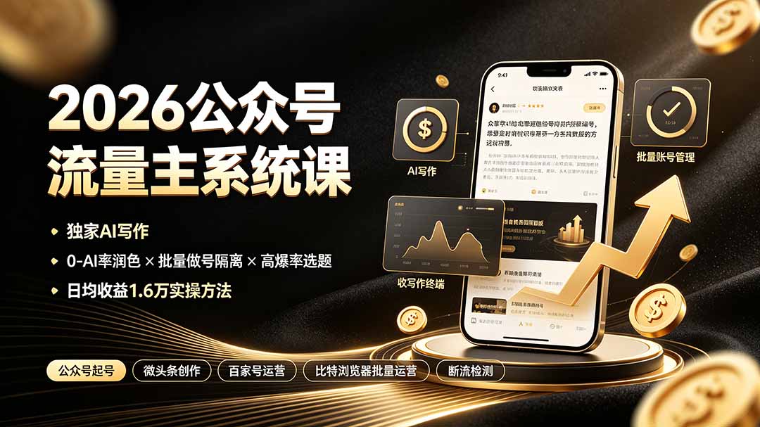 （19405期）2026公众号流量主系统课：独家AI写作×0-AI率润色×批量做号隔离×高爆率选题，日均收益1.6万实操方法网创库-网创项目资源站-副业项目-创业项目-搞钱项目网创吧
