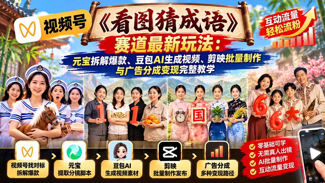 (21060期)视频号《看图猜成语》赛道最新玩法:元宝拆解爆款、豆包AI生成视频、剪映批量制作与广告分成变现完整教学-网创项目资源站-副业项目_创业项目_搞钱项目_网创项目资源平台