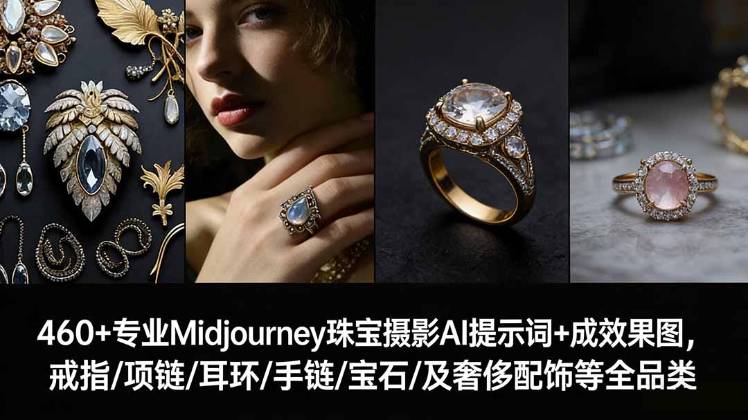 (17272期)460+专业Midjourney珠宝摄影AI提示词+成效果图,戒指/项链/耳环/手链/宝石/及奢侈配饰等全品类
