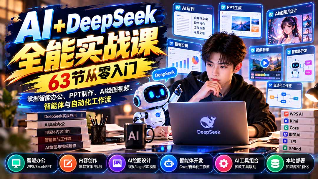 (21141期)AI+DeepSeek全能实战课:63节从零入门,掌握智能办公、PPT制作、AI绘图视频、智能体与自动化工作流-网创项目资源站-副业项目_创业项目_搞钱项目_网创项目资源平台