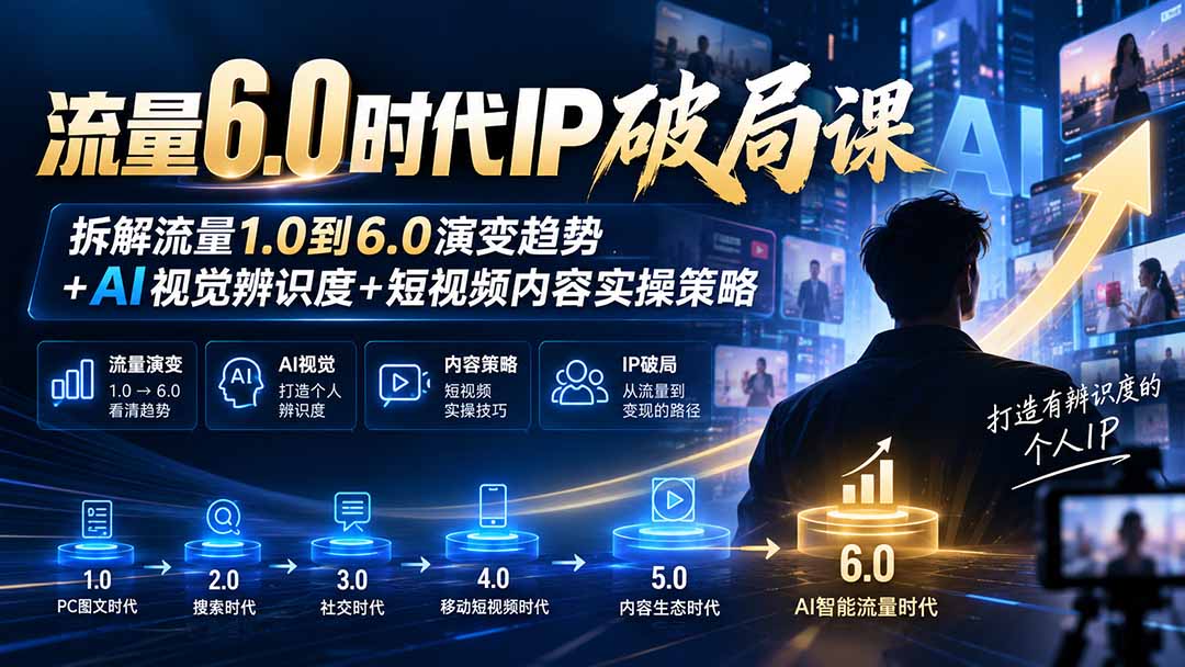 (20845期)流量6.0时代IP破局课:拆解流量1.0到6.0演变趋势+AI视觉辨识度+短视频内容实操策略网创库-网创项目资源站-副业项目-创业项目-搞钱项目网创吧