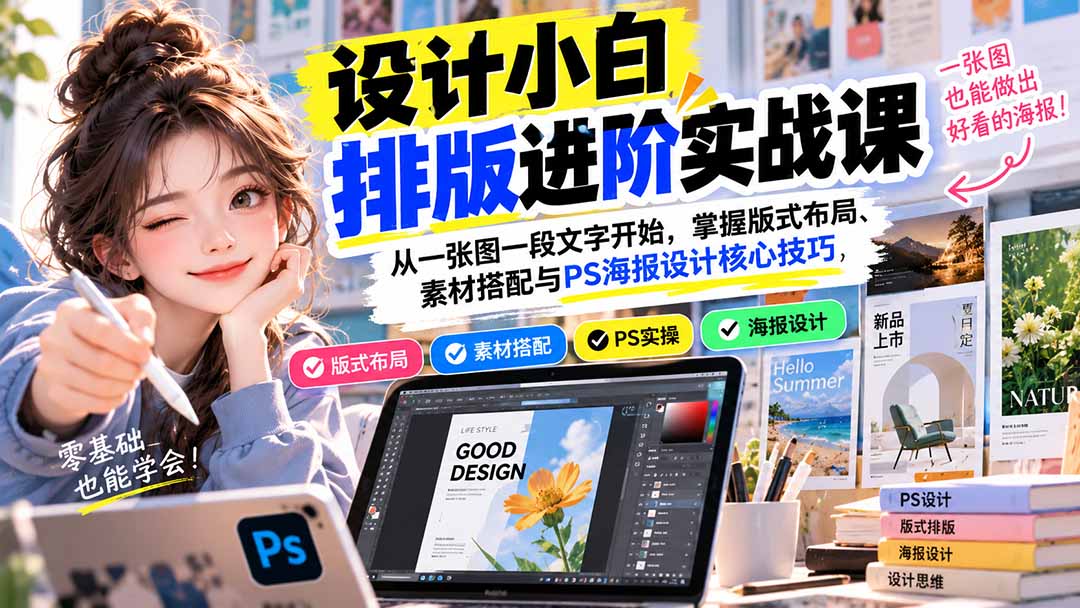 (20838期)设计小白排版进阶实战课:从一张图一段文字开始,掌握版式布局、素材搭配与PS海报设计核心技巧网创库-网创项目资源站-副业项目-创业项目-搞钱项目网创吧