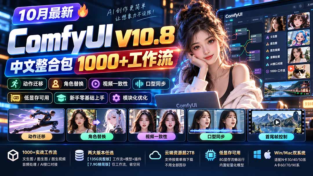 （21240期）10月最新ComfyUI V10.8中文整合包 1000+工作流 动作迁移 角色替换 视频一致性 口型同步 低显存可用