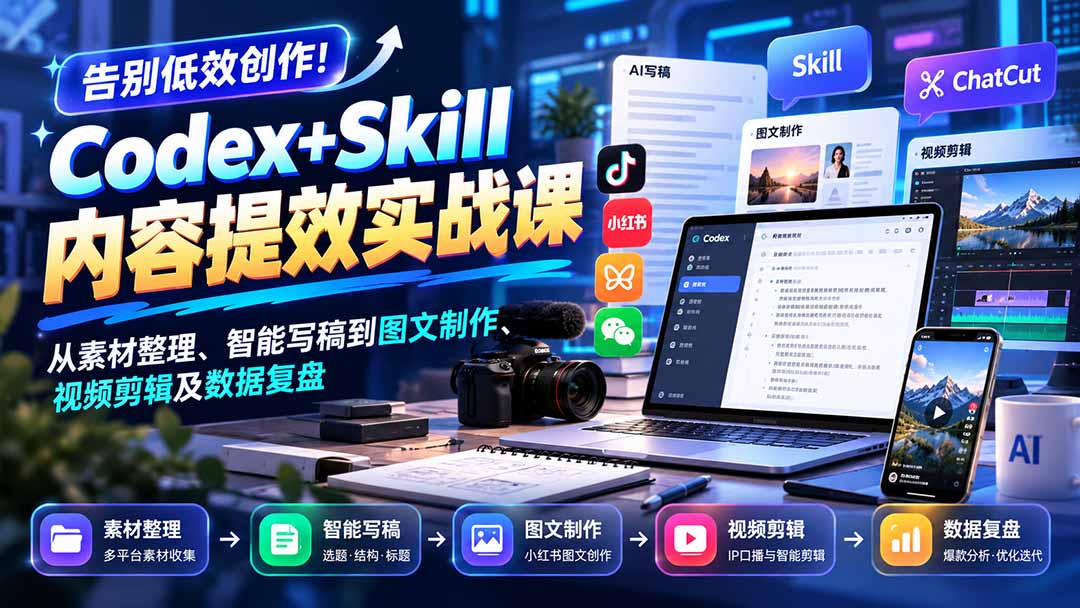(20915期)【无水印】告别低效创作!Codex+Skill内容提效实战课:从素材整理、智能写稿到图文制作、视频剪辑及数据复盘-网创项目资源站-副业项目_创业项目_搞钱项目_网创项目资源平台