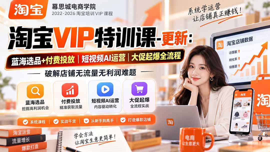 (20522期)淘宝VIP特训课-更新0917:蓝海选品+付费投放|短视频AI运营|大促起爆全流程,破解店铺无流量无利润难题网创吧-网创项目资源站-副业项目-创业项目-搞钱项目网创吧