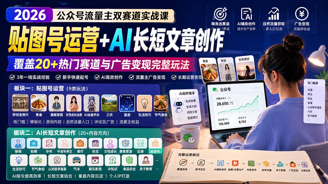 （20153期）公众号流量主双赛道实战课：贴图号运营+AI长短文章创作，覆盖20+热门赛道与广告变现完整玩法网创吧-网创项目资源站-副业项目-创业项目-搞钱项目网创吧