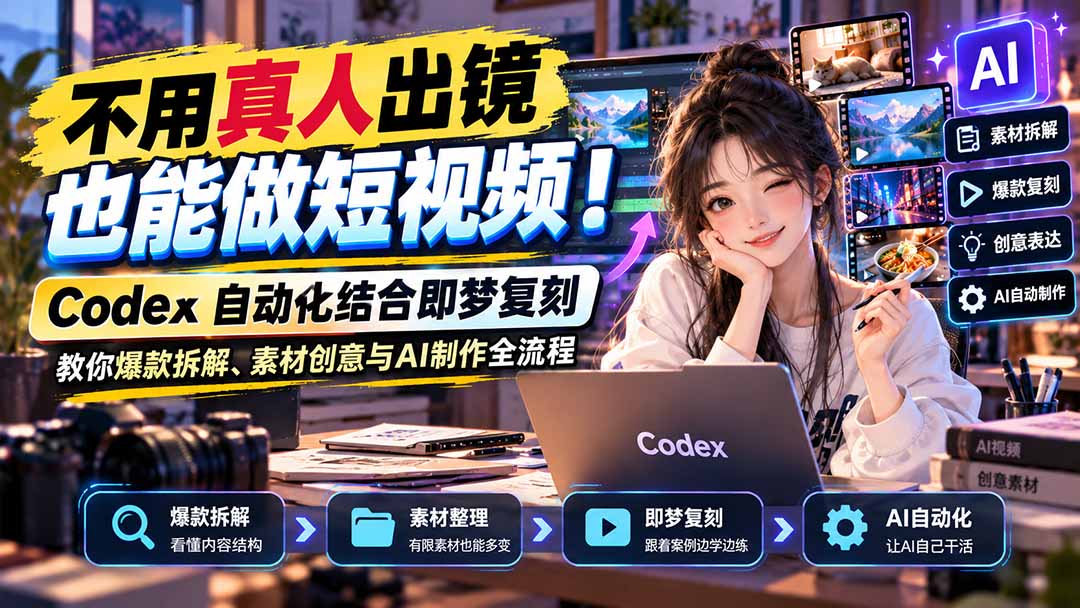 (20988期)不用真人出镜也能做短视频!Codex自动化结合即梦复刻,教你爆款拆解、素材创意与AI制作全流程-网创项目资源站-副业项目_创业项目_搞钱项目_网创项目资源平台
