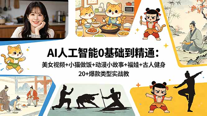(18685期)AI人工智能0基础到精通:美女视频+小猫做饭+动漫小故事+福娃+古人健身,20+爆款类型实战教学网创吧-网创项目资源站-副业项目-创业项目-搞钱项目网创吧