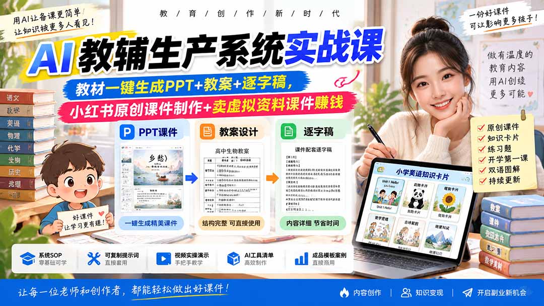 （20542期）AI教辅生产系统实战课｜教材一键生成PPT+教案+逐字稿，小红书原创课件制作+卖虚拟资料课件赚钱网创吧-网创项目资源站-副业项目-创业项目-搞钱项目网创吧