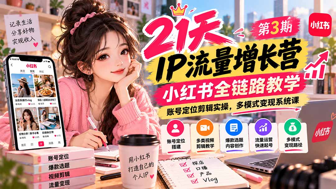 (20992期)【无水印】21天IP流量增长营-第3期,小红书全链路教学,账号定位剪辑实操,多模式变现系统课-网创项目资源站-副业项目_创业项目_搞钱项目_网创项目资源平台