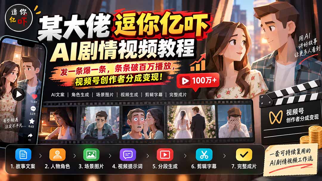(20389期)某大佬逗你亿吓AI低模剧情视频制作教程:发一条爆一条,条条破百万播放,利用视频号创作者分成变现!