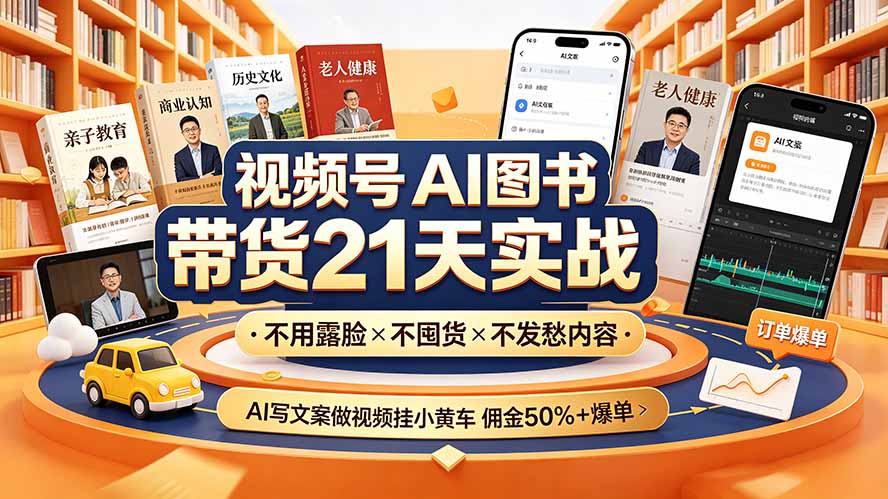 (19476期)视频号AI图书带货21天实战:不用露脸×不囤货×不发愁内容,AI写文案做视频挂小黄车,佣金50%+爆单