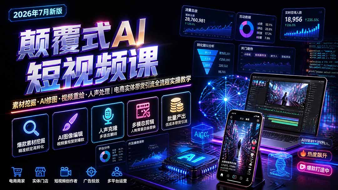 （19630期）颠覆式AI短视频课｜素材挖掘，AI修图，视频重绘，人声处理｜电商实体带货引流全流程实操教学网创吧-网创项目资源站-副业项目-创业项目-搞钱项目网创吧