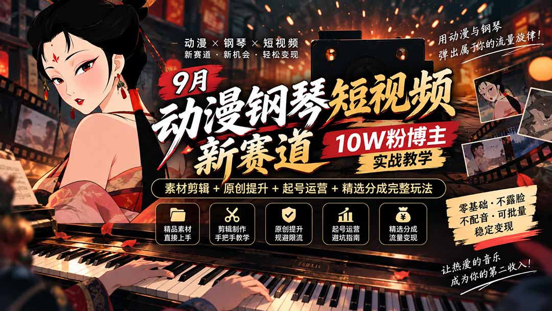 (20506期)9月动漫钢琴短视频新赛道|10W粉博主实战教学,素材剪辑+原创提升+起号运营+精选分成完整玩法网创吧-网创项目资源站-副业项目-创业项目-搞钱项目网创吧
