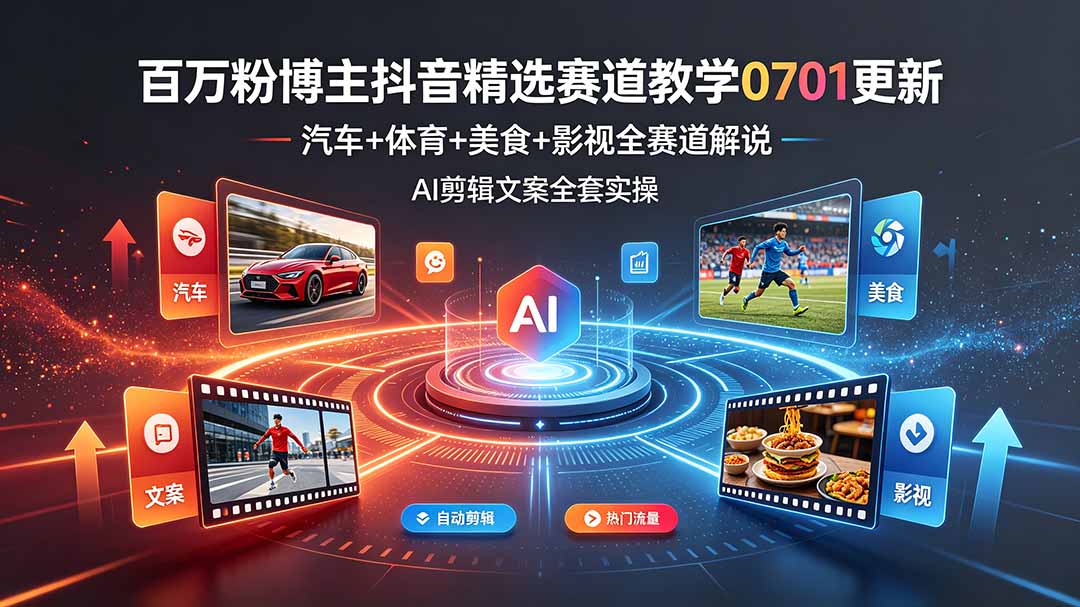 （19144期）百万粉博主抖音精选赛道教学-0701更新，汽车+体育+美食+影视全赛道解说，AI剪辑文案全套实操网创库-网创项目资源站-副业项目-创业项目-搞钱项目网创吧