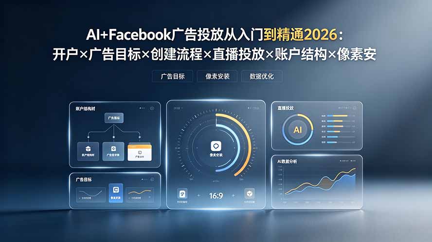 (19465期)AI+Facebook广告投放从入门到精通2026:开户×广告目标×创建流程×直播投放×账户结构×像素安装×AI赋能