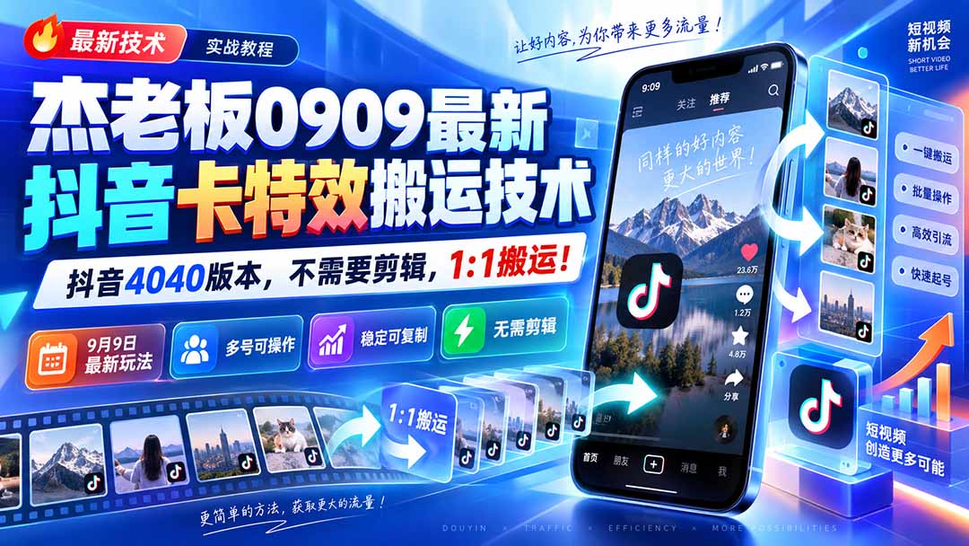 （20369期）杰老板0909最新抖音卡特效搬运技术，抖音4040版本，不需要剪辑，1:1搬运！网创吧-网创项目资源站-副业项目-创业项目-搞钱项目网创吧