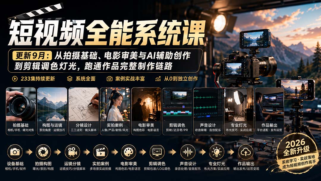 （20435期）短视频全能系统课-9月完整版：从拍摄基础、电影审美与AI辅助创作到剪辑调色灯光，跑通作品完整制作链路网创吧-网创项目资源站-副业项目-创业项目-搞钱项目网创吧