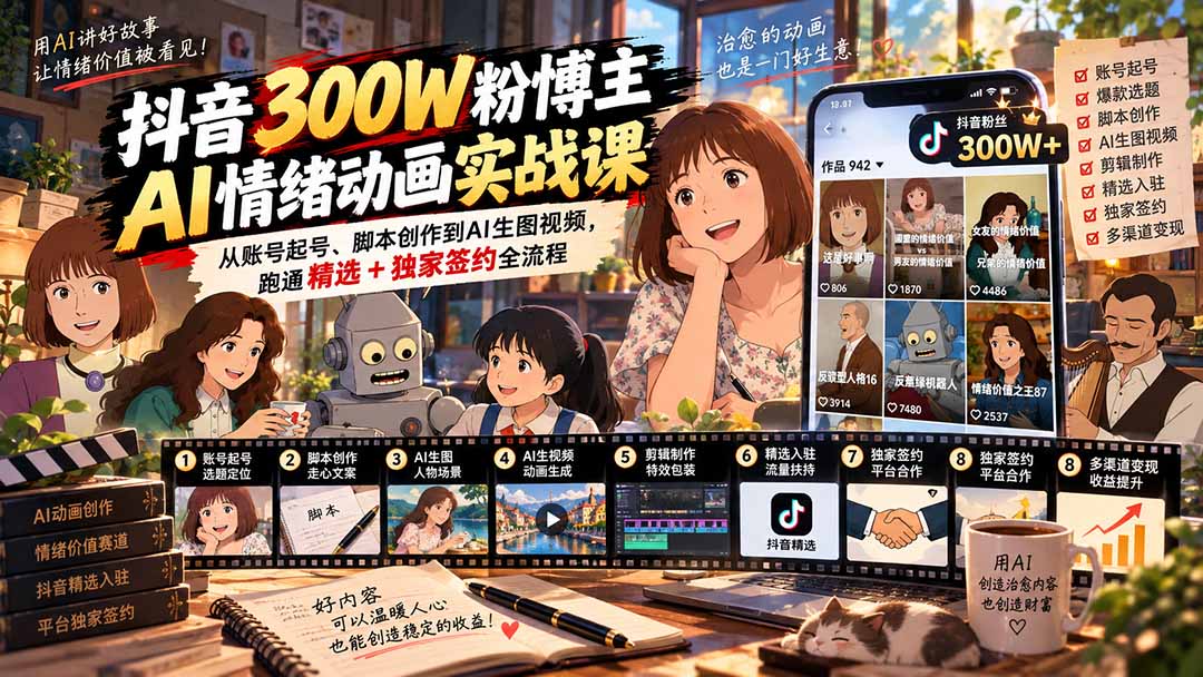 （20616期）抖音300W粉博主AI情绪动画实战课：从账号起号、脚本创作到AI生图视频，跑通精选+独家签约全流程网创吧-网创项目资源站-副业项目-创业项目-搞钱项目网创吧