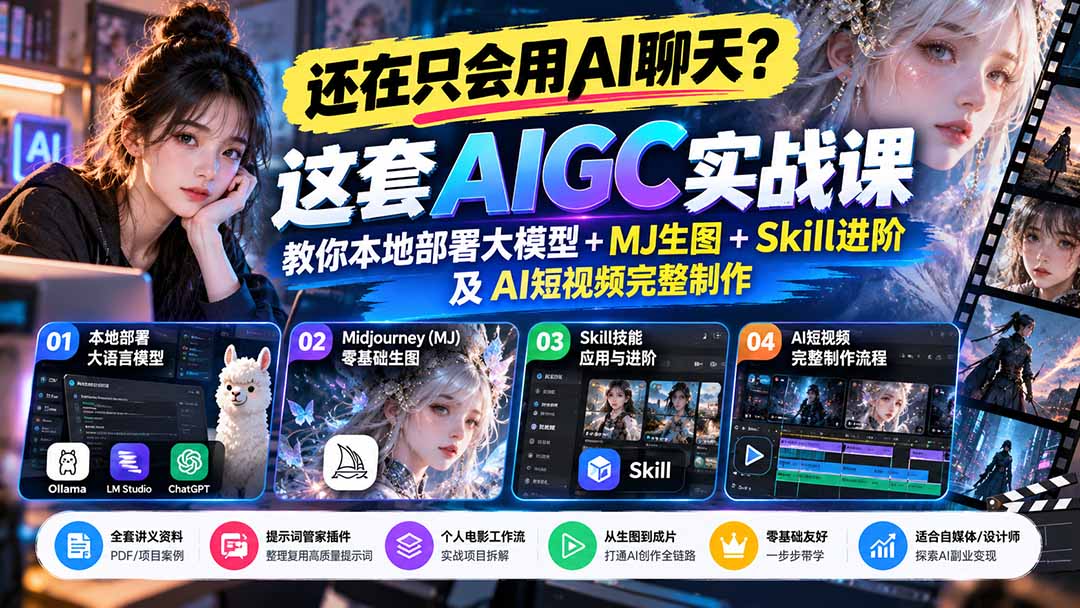 （21135期）【无水印】还在只会用AI聊天？这套AIGC实战课教你本地部署大模型+MJ生图+Skill进阶及AI短视频完整制作-网创项目资源站-副业项目_创业项目_搞钱项目_网创项目资源平台