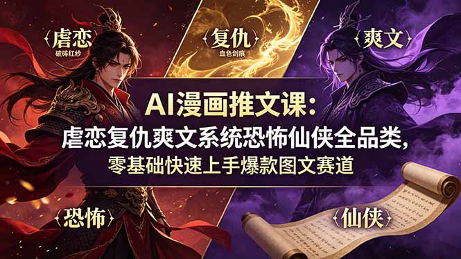 (19060期)AI漫画推文课:虐恋复仇爽文系统恐怖仙侠全品类,零基础快速上手爆款图文赛道