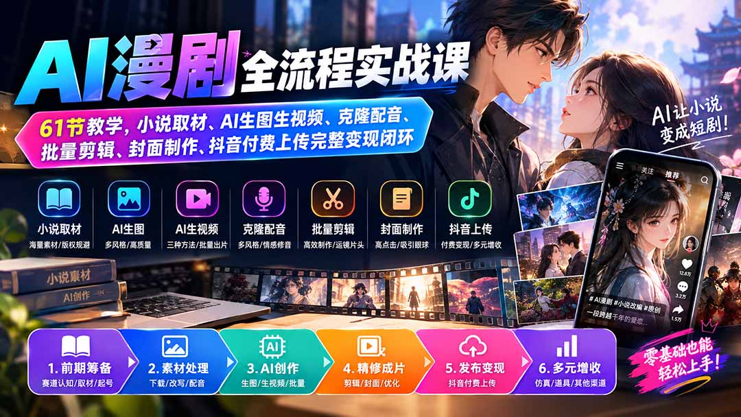（20199期）AI漫剧全流程实战课｜61节教学，小说取材、AI生图生视频、克隆配音、批量剪辑、封面制作、抖音付费上传完整变现闭环网创吧-网创项目资源站-副业项目-创业项目-搞钱项目网创吧