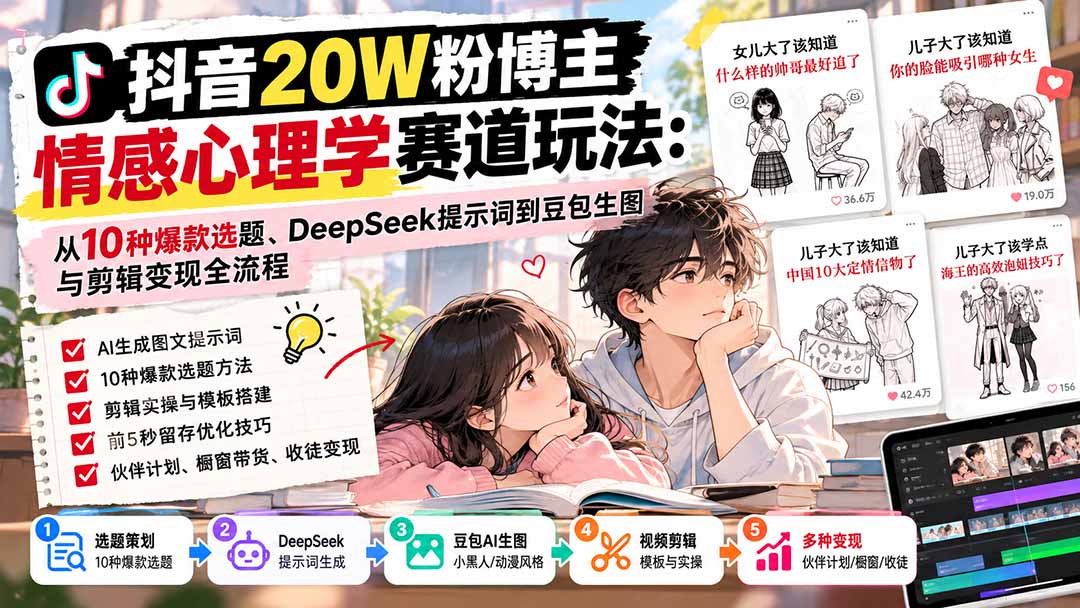 (20688期)抖音20W粉博主-情感心理学赛道玩法:从10种爆款选题、DeepSeek提示词到豆包生图与剪辑变现全流程网创吧-网创项目资源站-副业项目-创业项目-搞钱项目网创吧