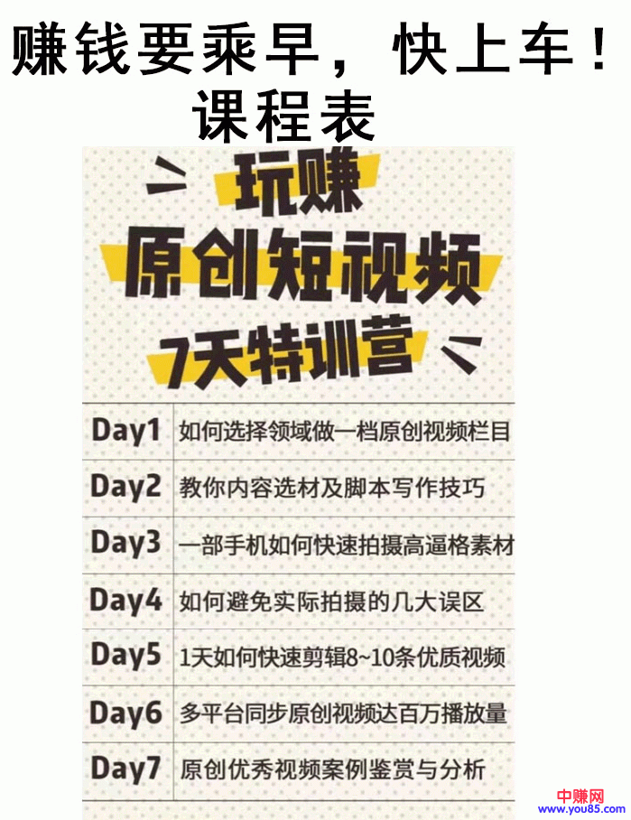 （897期）自媒体赚钱《玩赚原创短视频7天特训营》实现百万播放量（视频+资料+工具）