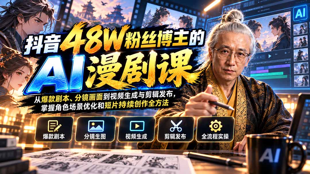 （20353期）抖音48W粉丝博主的AI漫剧课：从爆款剧本、分镜画面到视频生成与剪辑发布，掌握角色场景优化和短片持续创作全方法网创吧-网创项目资源站-副业项目-创业项目-搞钱项目网创吧