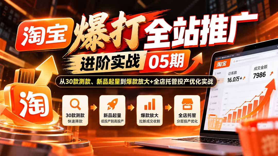 (20817期)淘宝爆打全站推广进阶实战05期:从30款测款、新品起量到爆款放大+全店托管投产优化实战网创库-网创项目资源站-副业项目-创业项目-搞钱项目网创吧