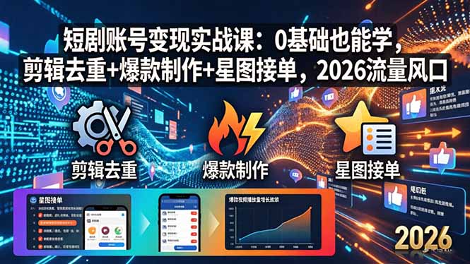 (18160期)短剧账号变现实战课:0基础也能学,剪辑去重+爆款制作+星图接单,2026流量风口