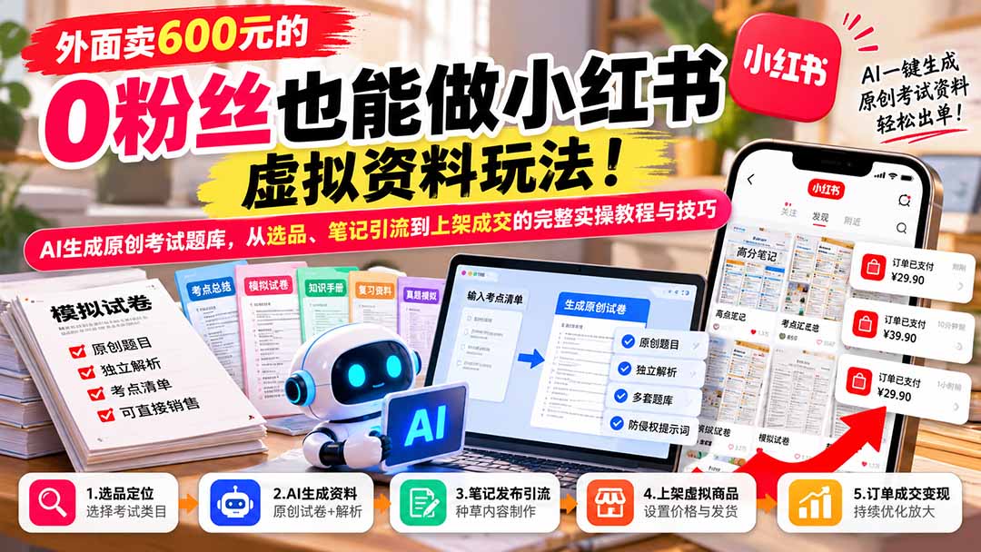 (21182期)外面卖600元的 零粉丝也能做小红书虚拟资料玩法!AI生成原创考试题库,从选品、笔记引流到上架成交的完整实操教程-网创项目资源站-副业项目_创业项目_搞钱项目_网创项目资源平台