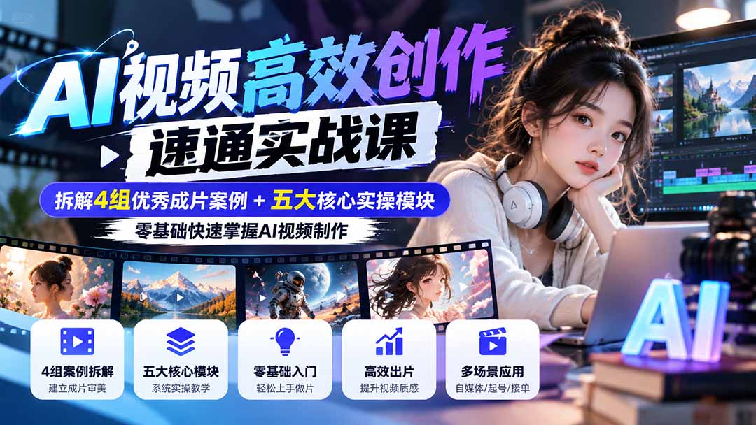 (20819期)【无水印】AI视频高效创作速通实战课:拆解4组优秀成片案例+五大核心实操模块,零基础快速掌握AI视频制作网创库-网创项目资源站-副业项目-创业项目-搞钱项目网创吧